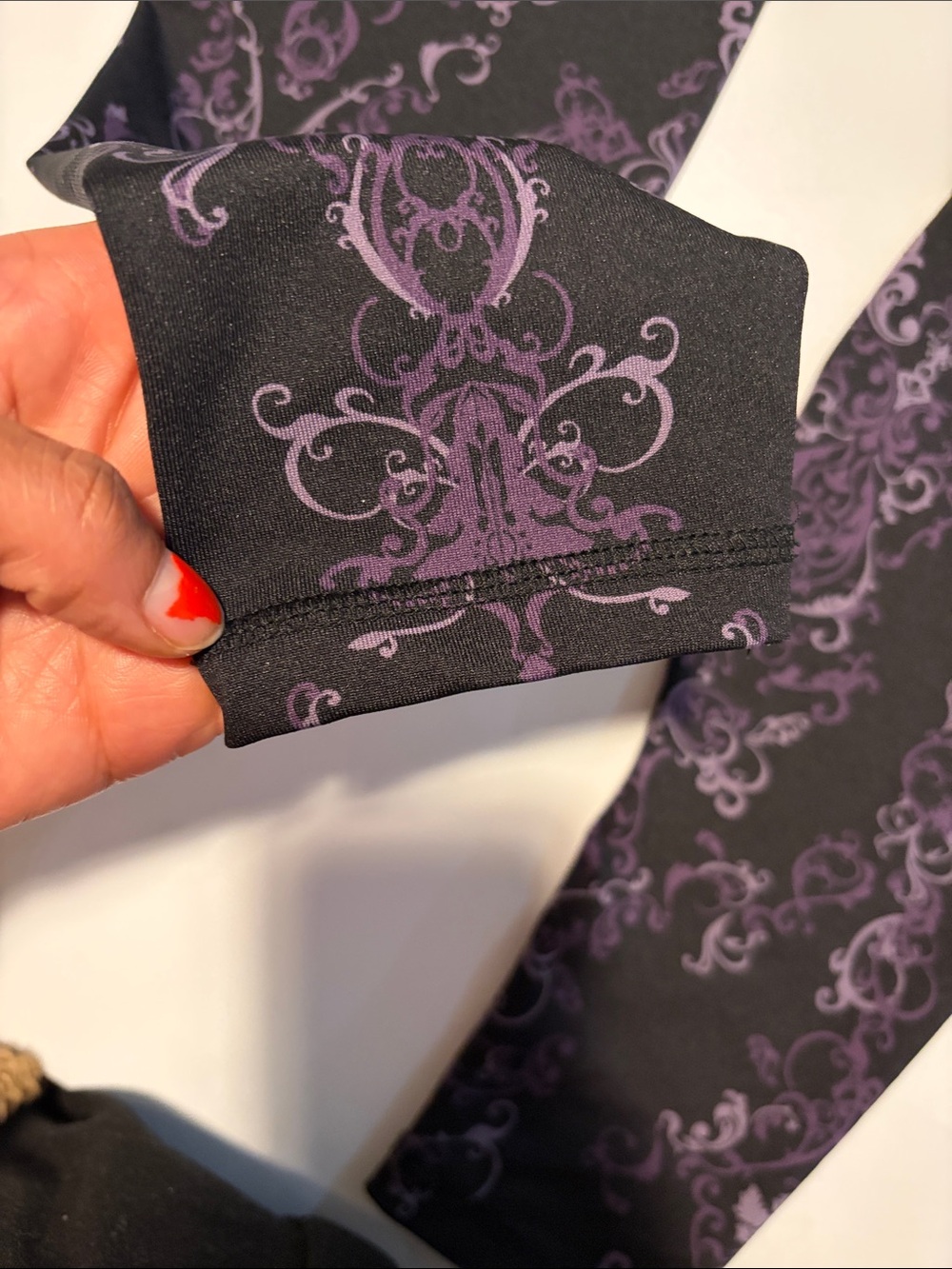 Women's Black Leggings with Purple Damask Print - Picture 4 of 6